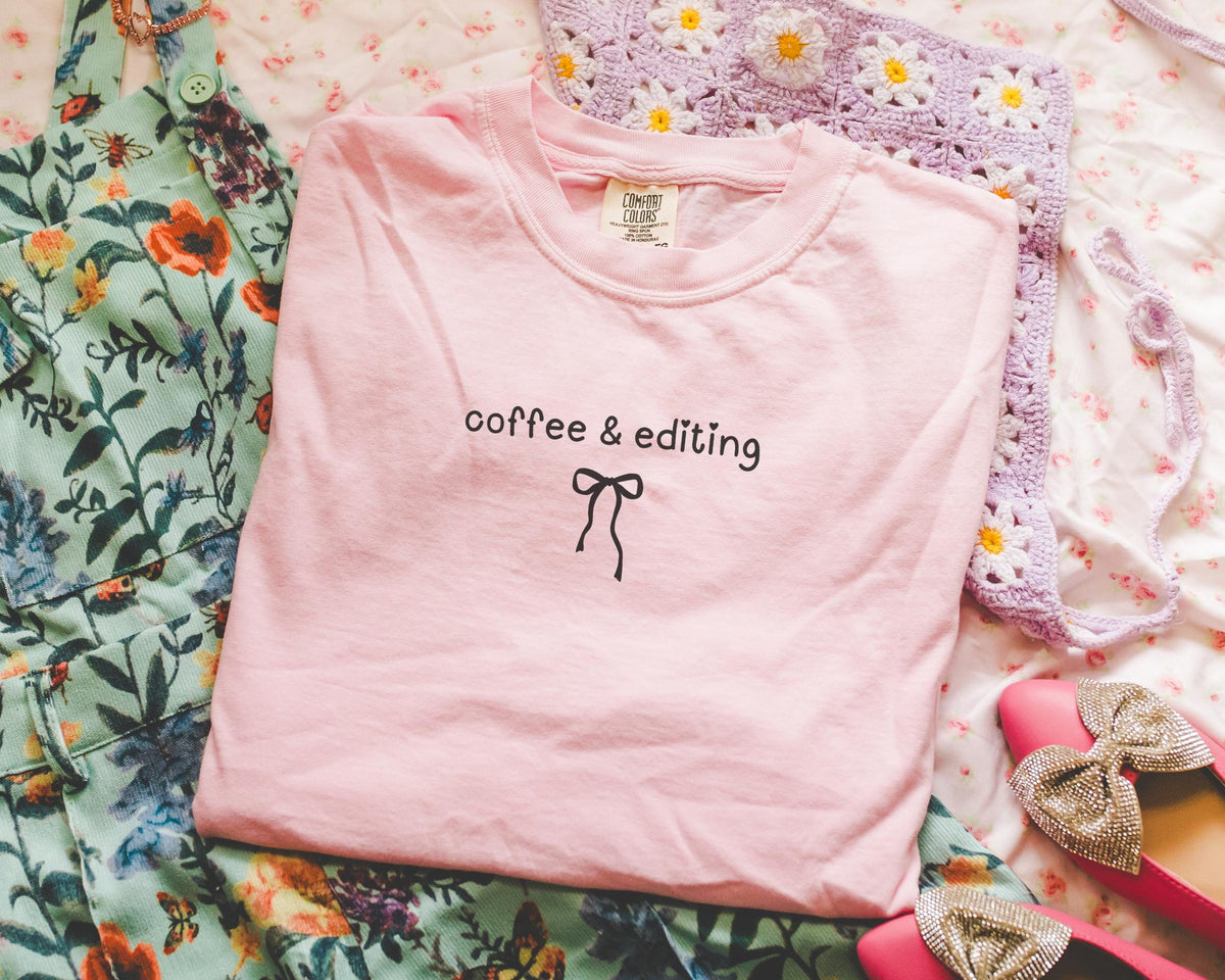 Gift for Writer Wedding Photographer Who Loves Coffee Cute Editing Day Gift for Creative Cozy Minimalist Bow T for Editor or Videographer Graphic Tee – Everyday Comfort · Trending Graphic Apparel