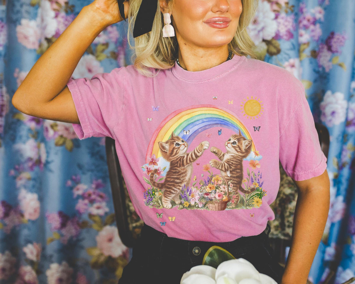 Floral Kitten Lover Tee Shirt with Flowers and Colorful Rainbow Kitschy 90s Throwback TShirt with Butterflies Cat Mom or Cat Dad Gift Graphic Tee – Warm & Stylish · Great Gift For Fans