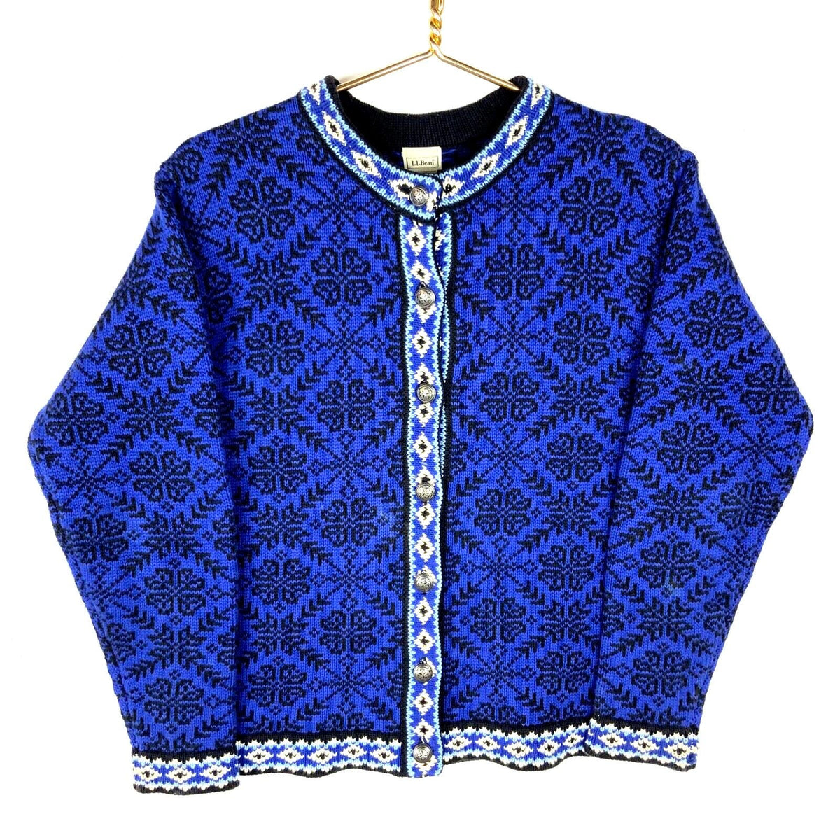 LL Bean Knit Cardigan Sweater Womens Medium Blue Pattern 90s Graphic Tee – Aesthetic Look · Top Pick For Any Outfit