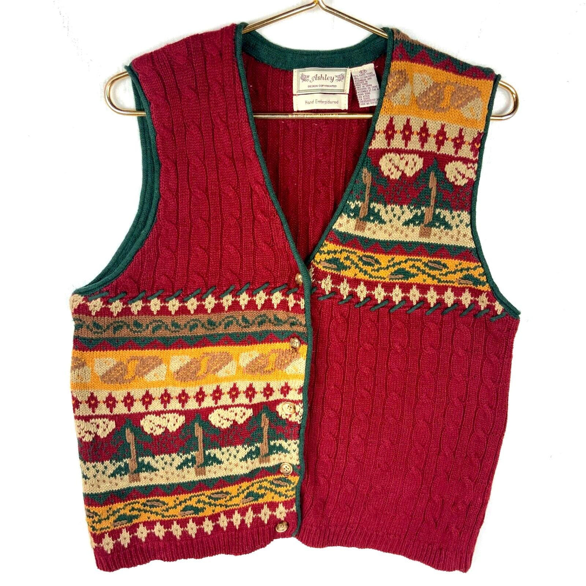 Vintage Grandma Cable Knit Sweater Vest Womens Small Red Hand Embroidered 90s Graphic Tee – Warm & Stylish · Great Gift For Fans