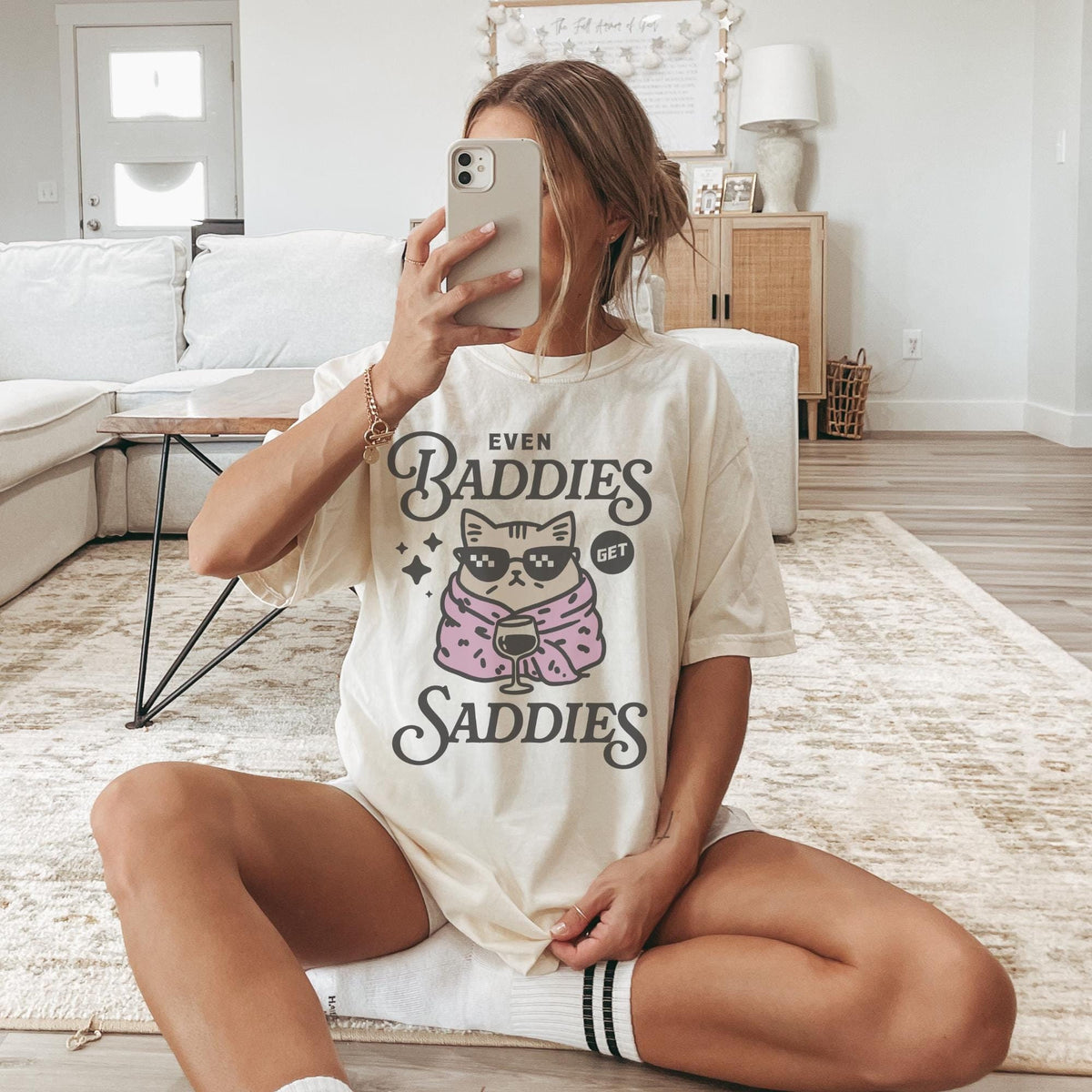 Even Baddies Get Saddies Mental Health Shirt Funny Shirt Women Meme Shirt Cat Shirt Graphic Tee – Premium Graphic · Trending Graphic Apparel