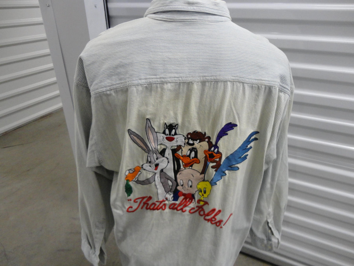 Vintage 9039s Looney Tunes That39s All Folks Embroidered Button Down Long Sleeve Shirt Size L Graphic Tee – Aesthetic Look · Trending Graphic Apparel