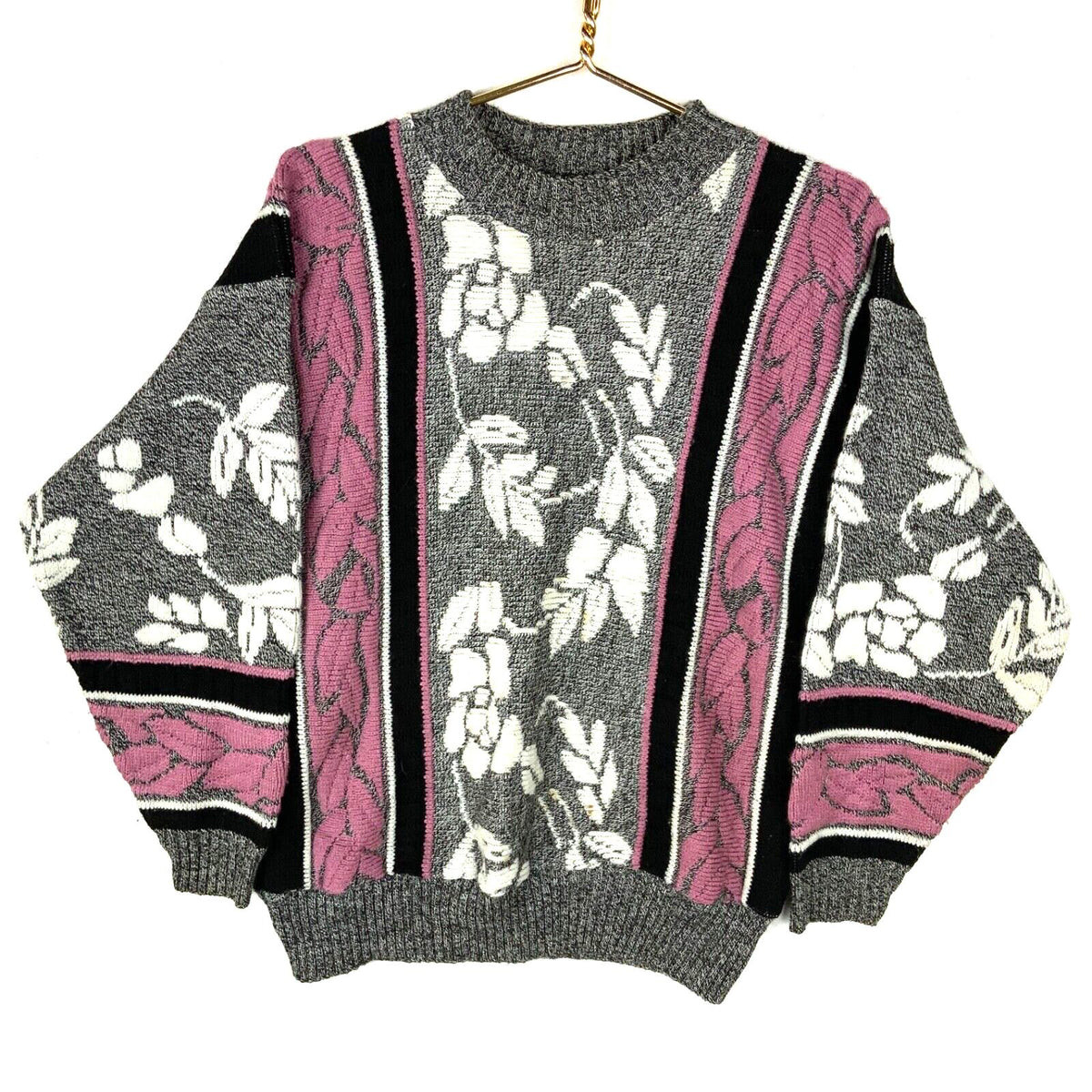Vintage Grandma Knit Sweater Womens Medium Gray Made In Usa Striped Floral 90s Graphic Tee – Bold Style · Must-Have Style
