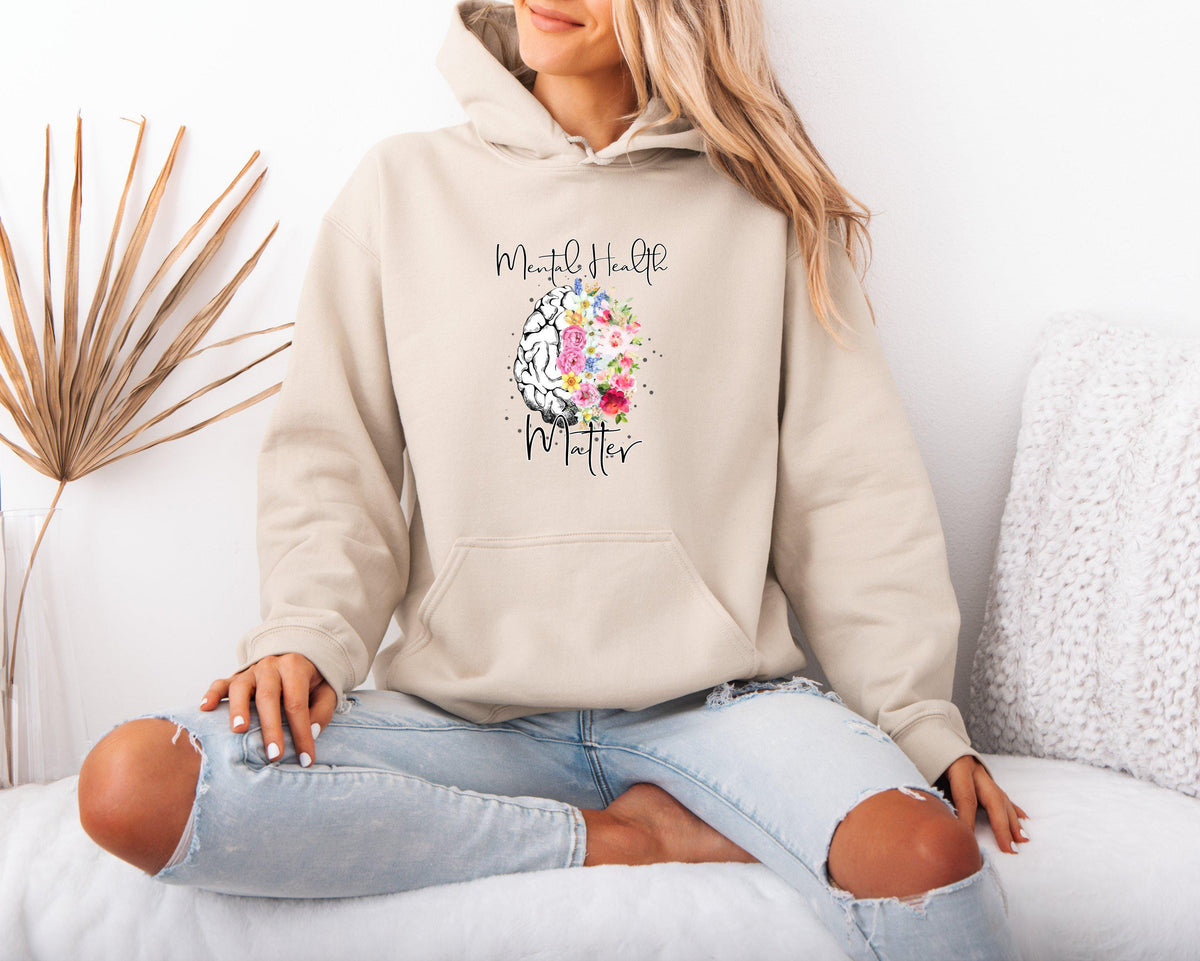 Mental Health Matters Hoodie for Women Mental Health Awareness Hoodie for Women Floral Brain Design Hoodie Mental Wellness Hoodie Hoodie – Feel-Good Design · High-Quality Print