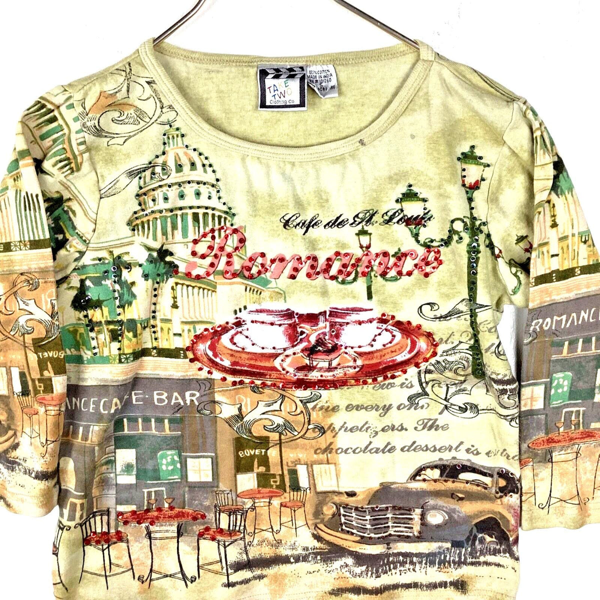 Vintage Womens Bedazzled 1990s TShirt Small Half Sleeve Cafe Romance Theme Graphic Tee – Aesthetic Look · Must-Have Style