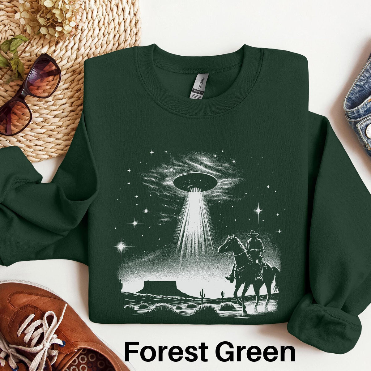 Cowboy UFO Sweatshirt Funny Alien Encounter Sweater Western Cowboy Gift Adult Humor Cryptid Gift Cryptozoology Sweater Paranormal Gift Sweatshirt – Soft Feel · Must-Have Style
