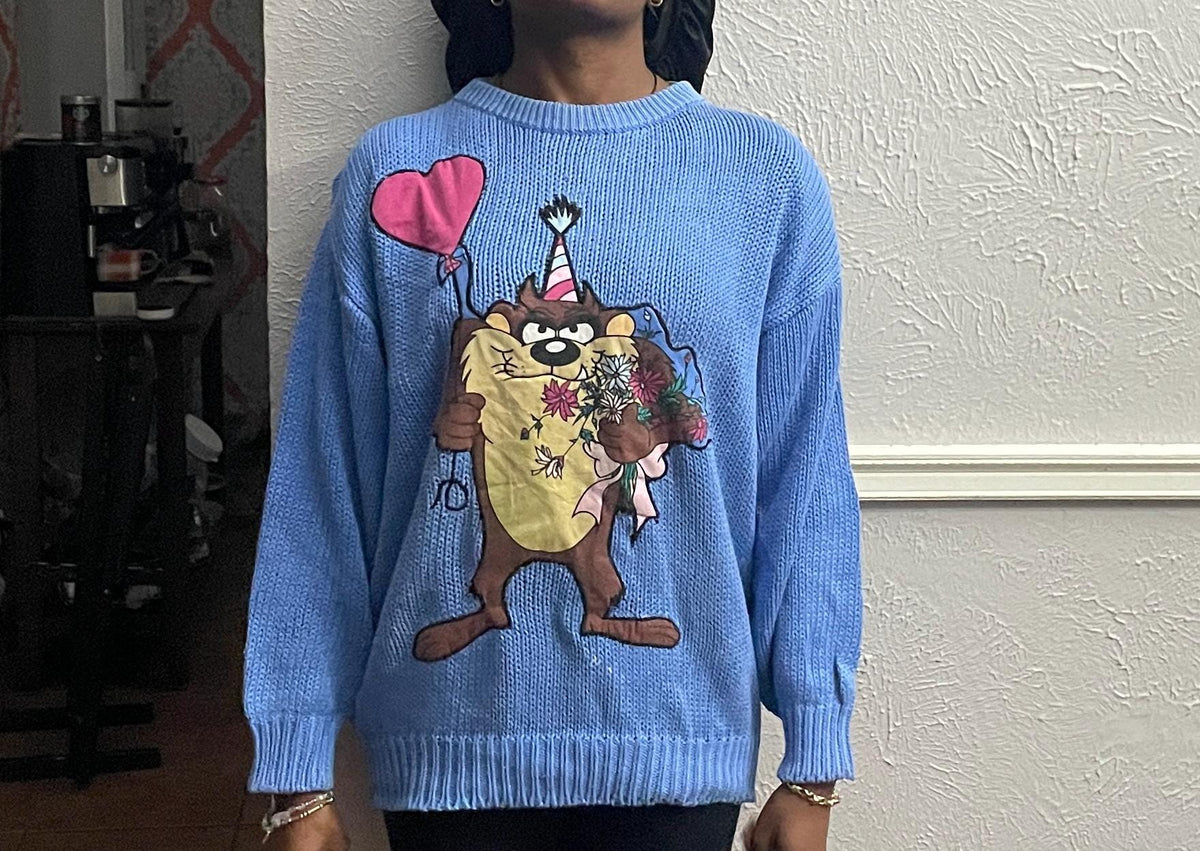 Vintage 90s Looney Tunes TAZ Shoulder Pads Sweater modeled size S Graphic Tee – Soft Feel · High-Quality Print