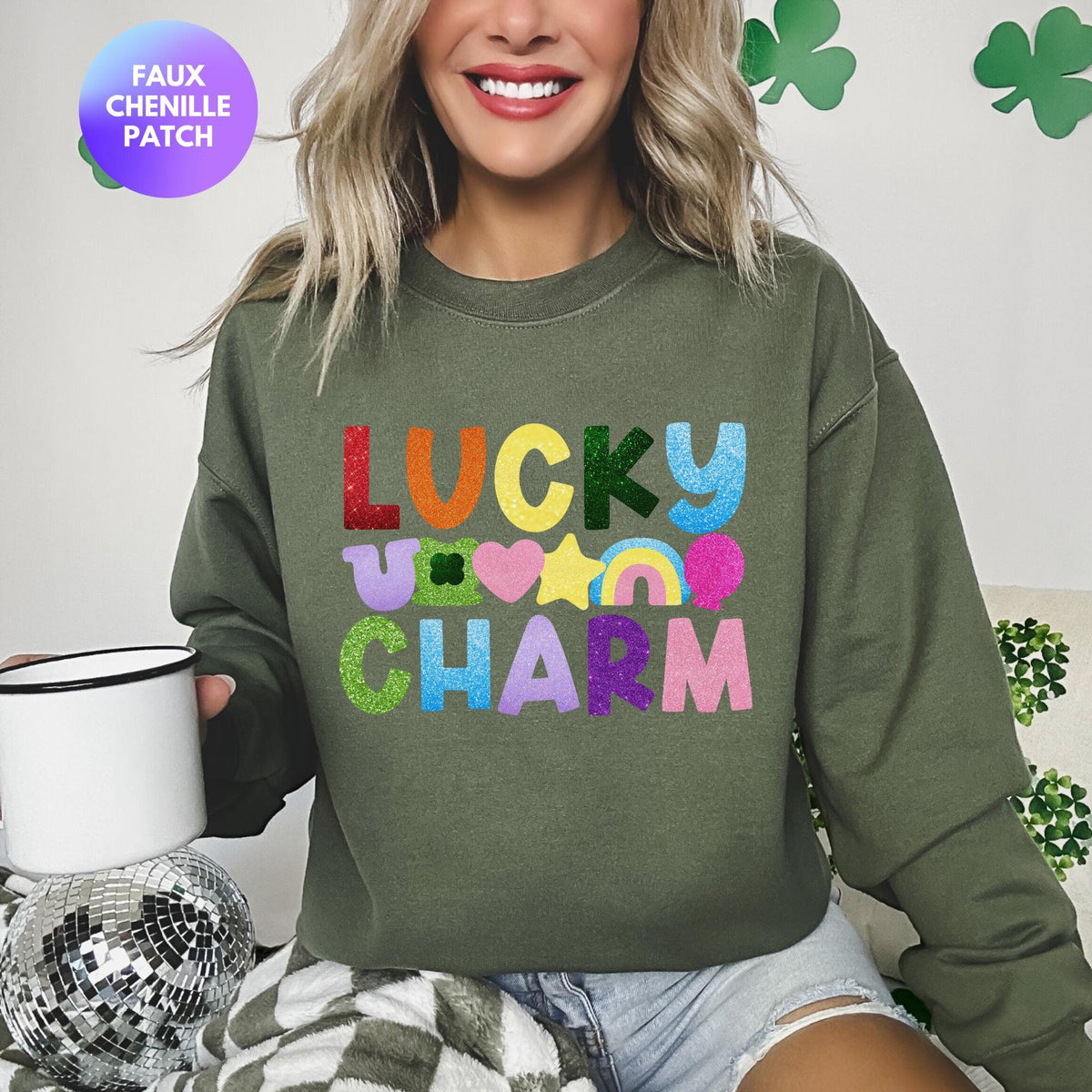 Faux Chenille Patch Lucky Sweatshirt Shamrock Sweatshirt St Pattys Day Sweatshirt Cute St Patrick39s Day St Patrick39s Day Gift Sweatshirt – Bold Style · Top Pick For Any Outfit