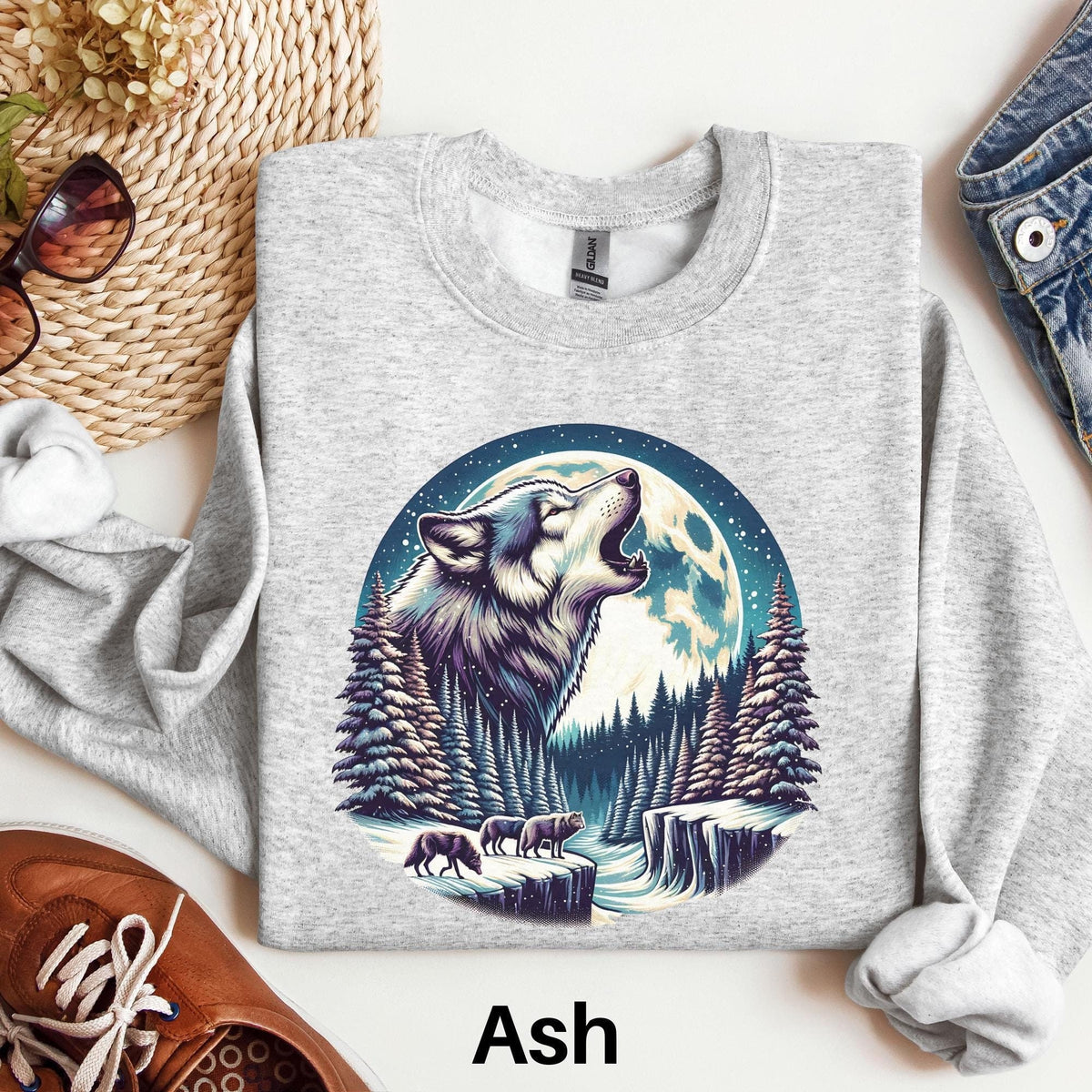 Retro Wolf Wilderness Scene Sweatshirt Winter Wolves Howling At The Moon Sweater 90s Nature Wildlife Sweatshirt Wolf Spirit Animal Gift Sweatshirt – Fan Favorite · Top Pick For Any Outfit