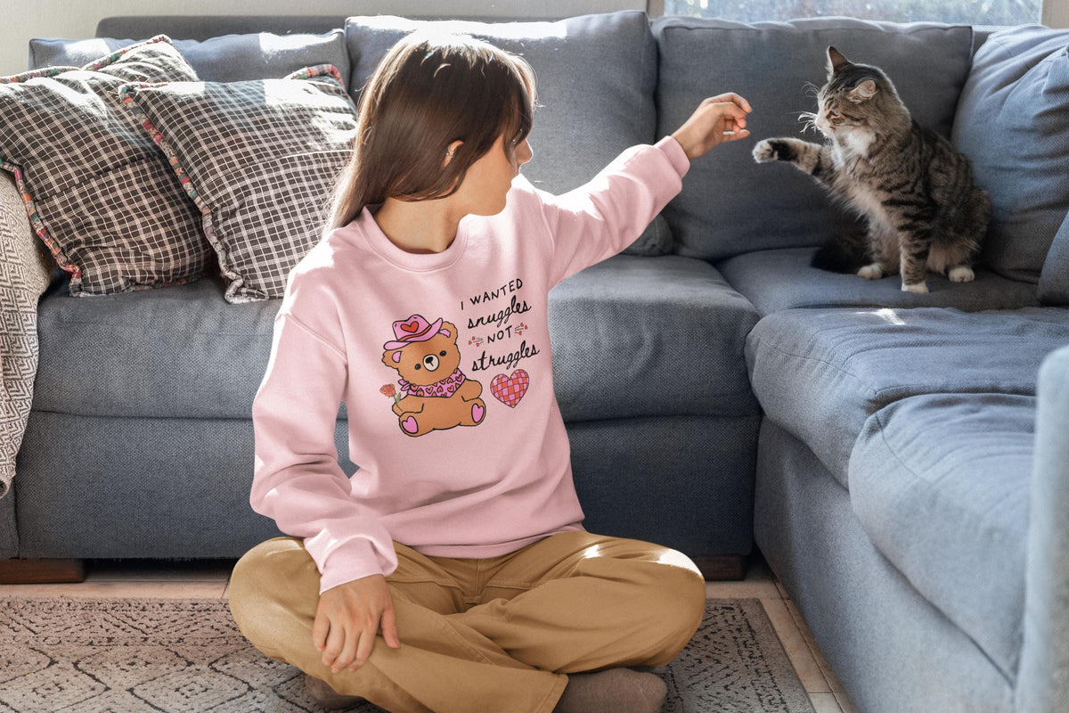 Funny Cowboy Bear Sweatshirt with Heart Snuggles Not Struggles Silly Weirdcore Western Crewneck for Friend Animal Lover Gift Gen Z Humor Sweatshirt – Aesthetic Look · Top Pick For Any Outfit