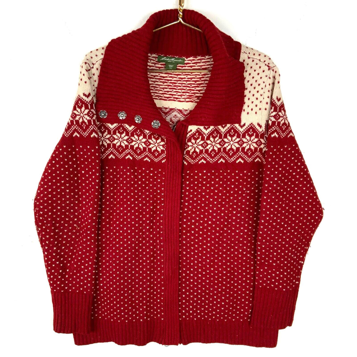 Eddie Bauer Knit Wool Sweater Womens 2XL Red Full Zip Shawl Snow Flake Cardigan Graphic Tee – Premium Graphic · Must-Have Style