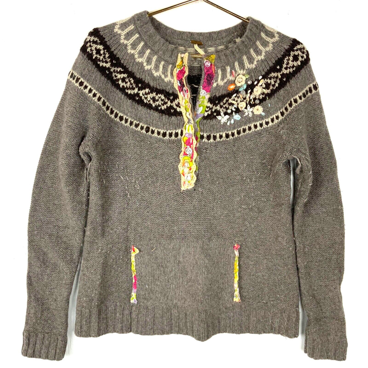 Free People Knit Wool Sweater Womens Medium Henley Floral Fair Isle Graphic Tee – Premium Graphic · Must-Have Style