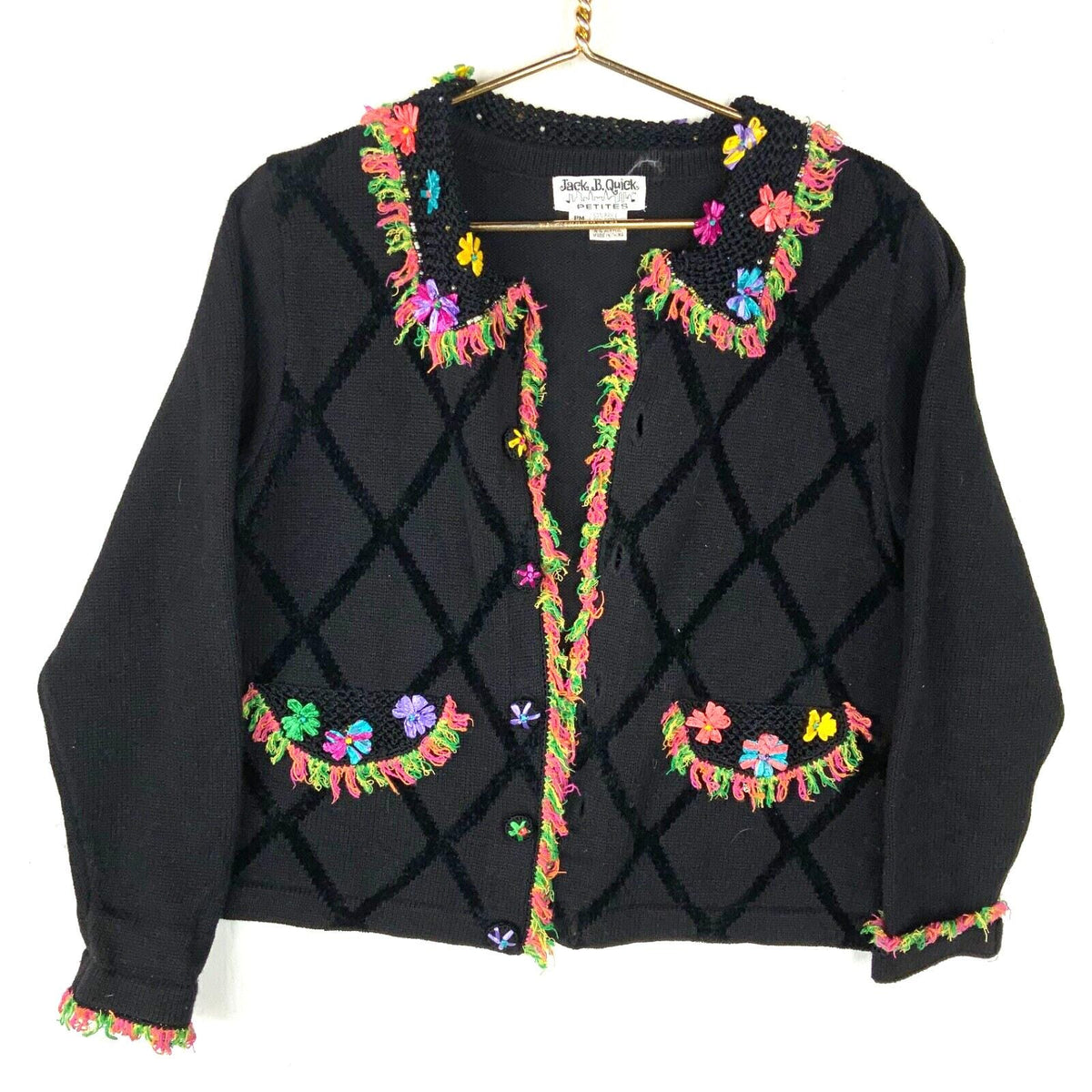 Vintage Grandma Knit Sweater Womens Medium Floral Argyle Fringe Cardigan 90s Graphic Tee – Soft Feel · Must-Have Style