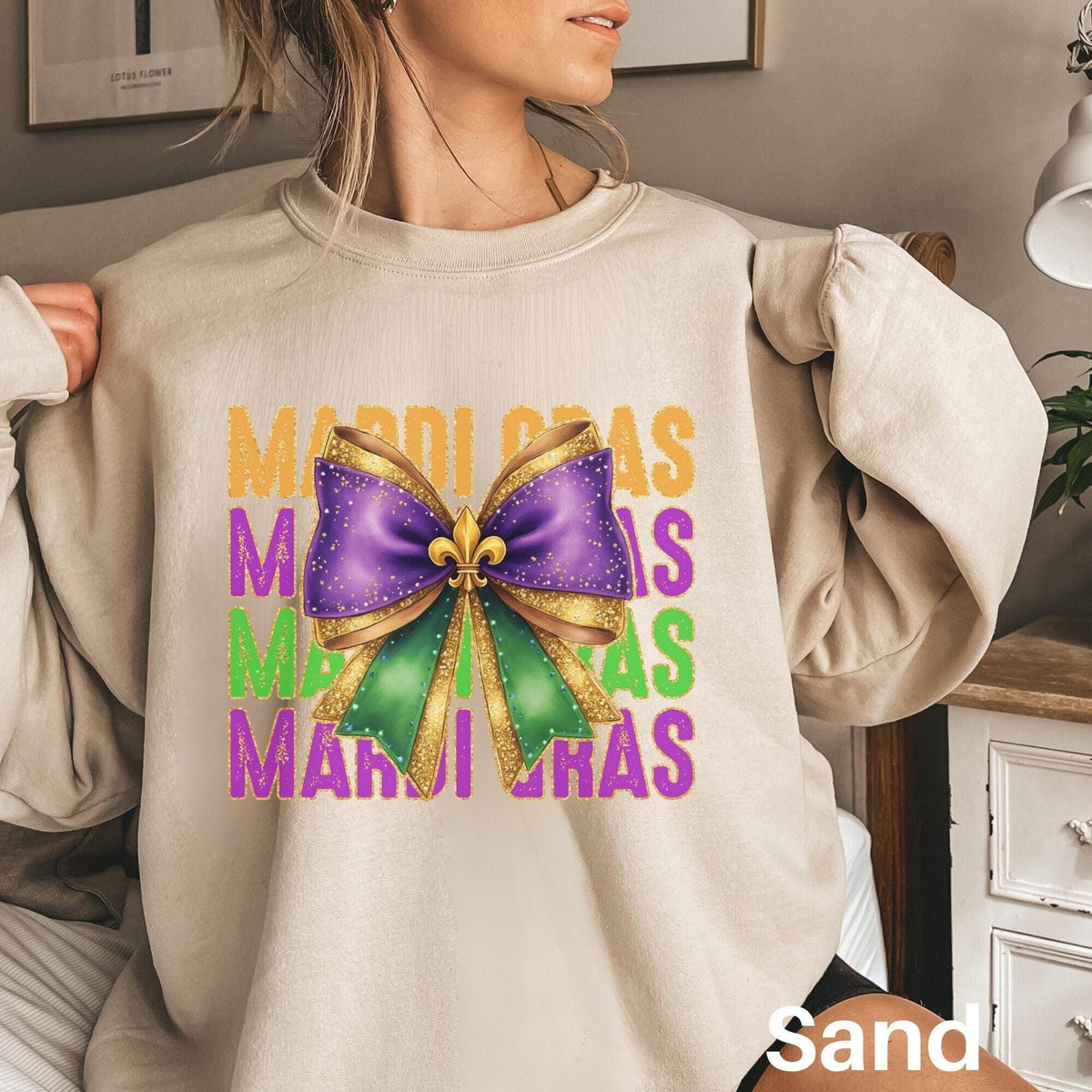 Coquette Bow Mardi Gras Sweatshirt Faux Glitter Mardi Gras Sweater Carnival Party Sweater Women New Orleans Outfit Nola Sweatshirt Sweatshirt – Premium Graphic · Must-Have Style