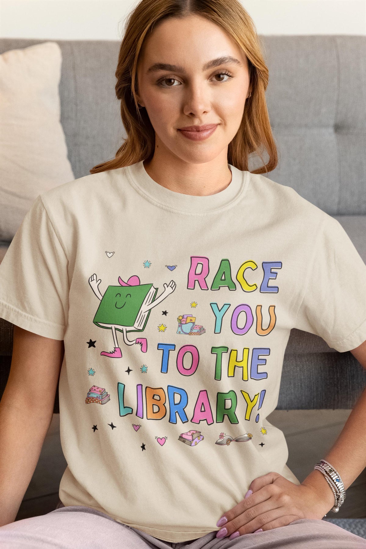 Book Lover Gift for Runner Who Loves Reading Race You To The Library Colorful 90s Aesthetic TShirt with Stars Cute Bookish Tee Shirt Graphic Tee – Easygoing Wear · Top Pick For Any Outfit