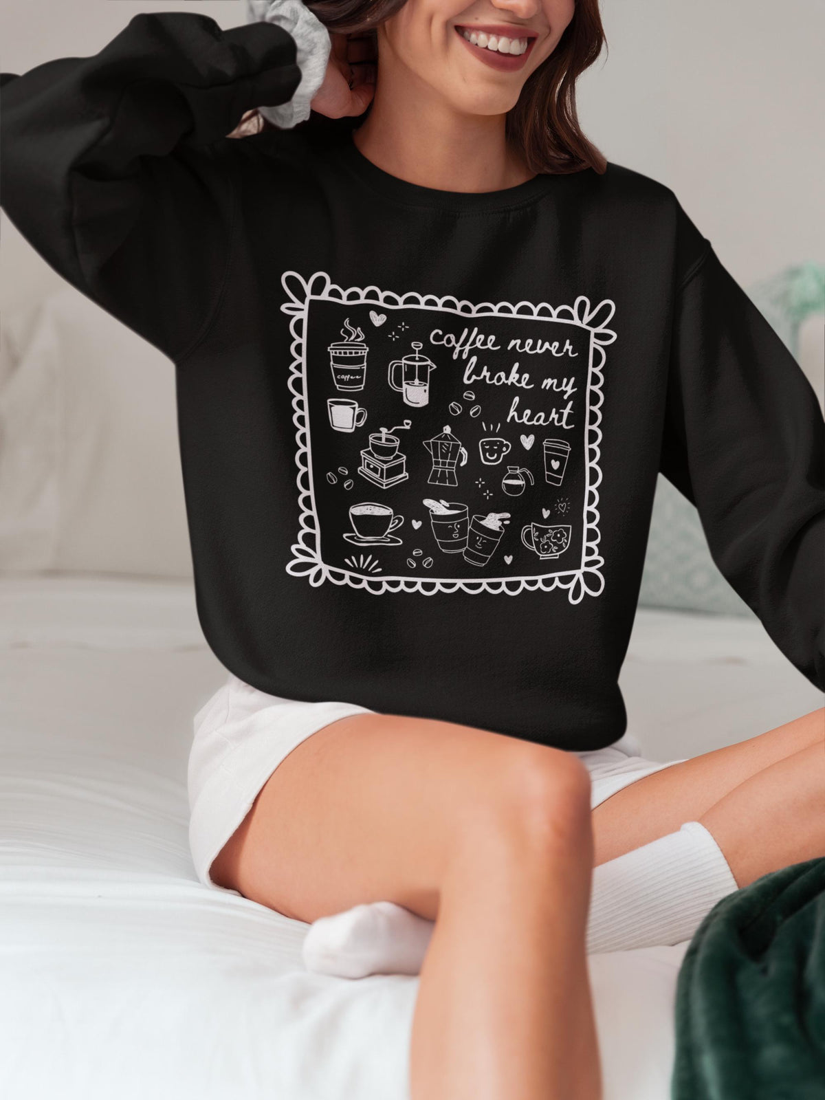Silly Coffee Lover Crewneck with Adorable Y2K Aesthetic Doodles Coffee Never Broke My Heart Silly 90s Aesthetic Funny Saying Sweatshirt Sweatshirt – Premium Graphic · High-Quality Print