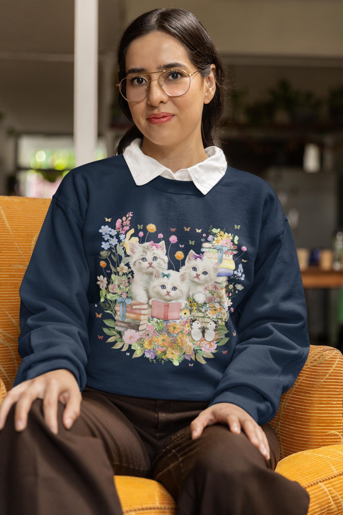 Bookish Cat Lover Sweatshirt for Cat Mom or Cat Dad Who Loves Reading 90s Throwback Crewneck with Butterflies Gift for Bookworm or Author Sweatshirt – Premium Graphic · Top Pick For Any Outfit