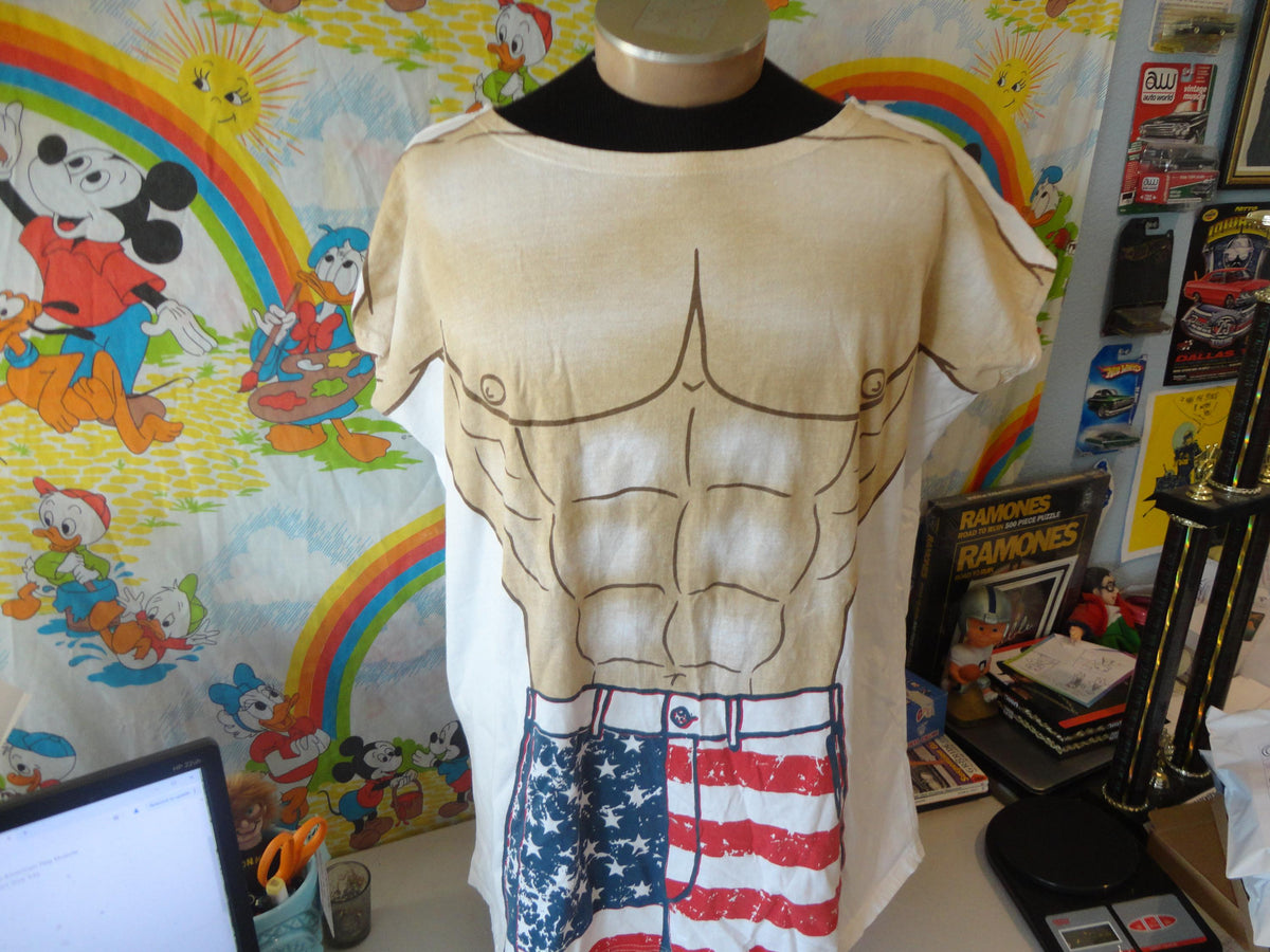 Vintage 9039s Beach Cover Up American flag Muscle Bodybuilder man White T Shirt Size XXL Graphic Tee – Everyday Comfort · High-Quality Print