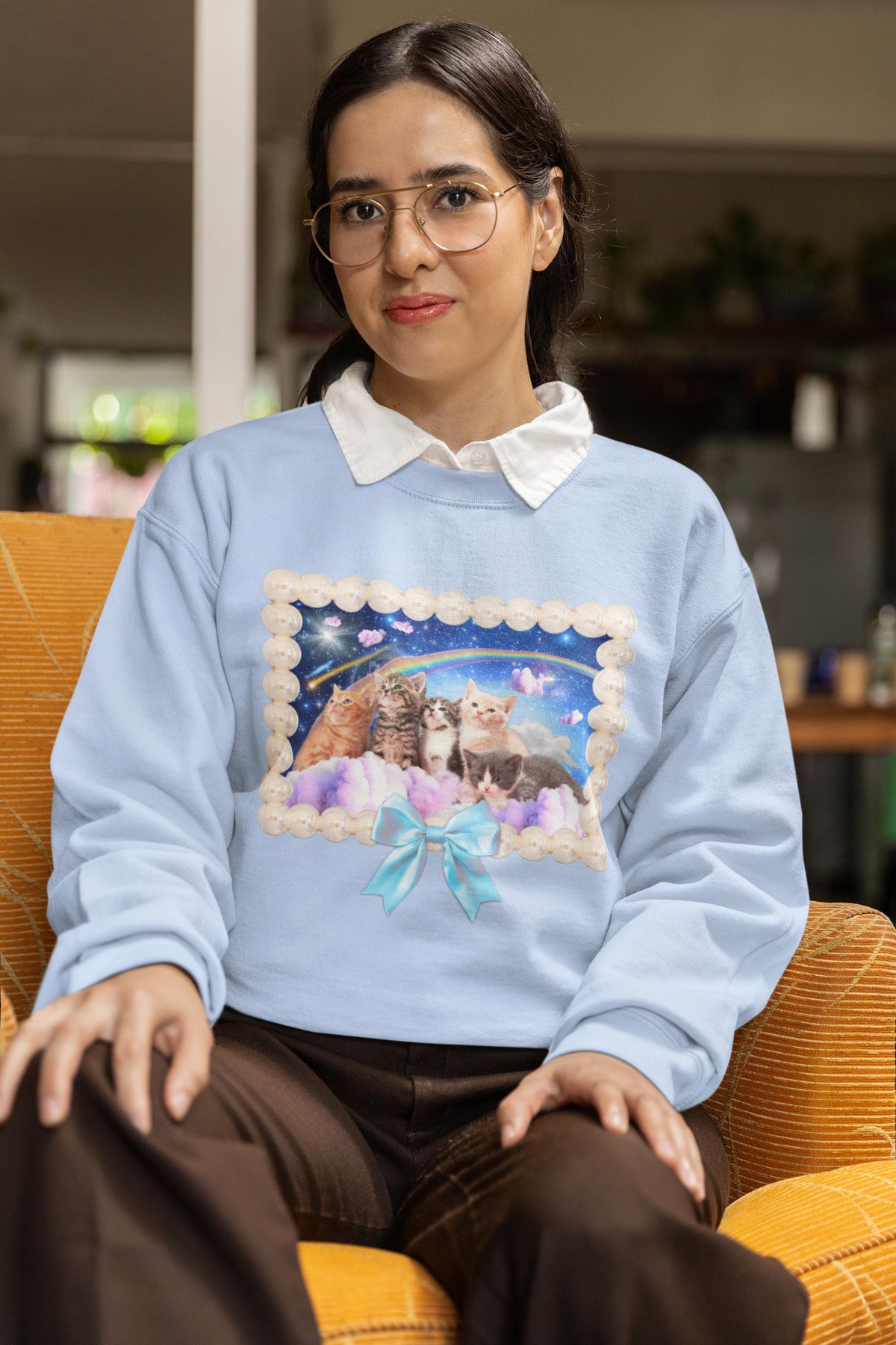 Cat Lover Sweatshirt Cat Mom or Cat Dad Who Loves Space and Awesome 90s Vibes Silly Animal Lover Crewneck with Bow Weirdcore Dreamcore Sweatshirt – Fan Favorite · High-Quality Print