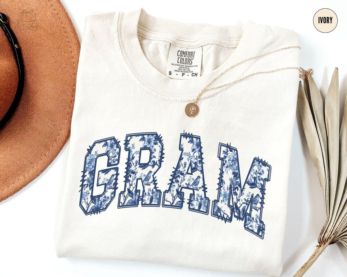 Blue Floral Gram TShirt Grandma Birthday TshirtToile Grams Crewneck New Grammy Sweater Chinoiserie Mothers Day Gift Graphic Tee – Soft Feel · Must-Have Style