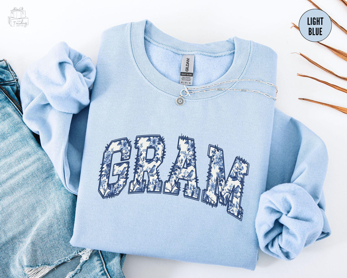 Blue Floral Gram Sweatshirt Toile Grandma Birthday SweaterGrams Crewneck New Grammy Sweater Chinoiserie Mothers Day Gift Sweatshirt – Premium Graphic · Trending Graphic Apparel