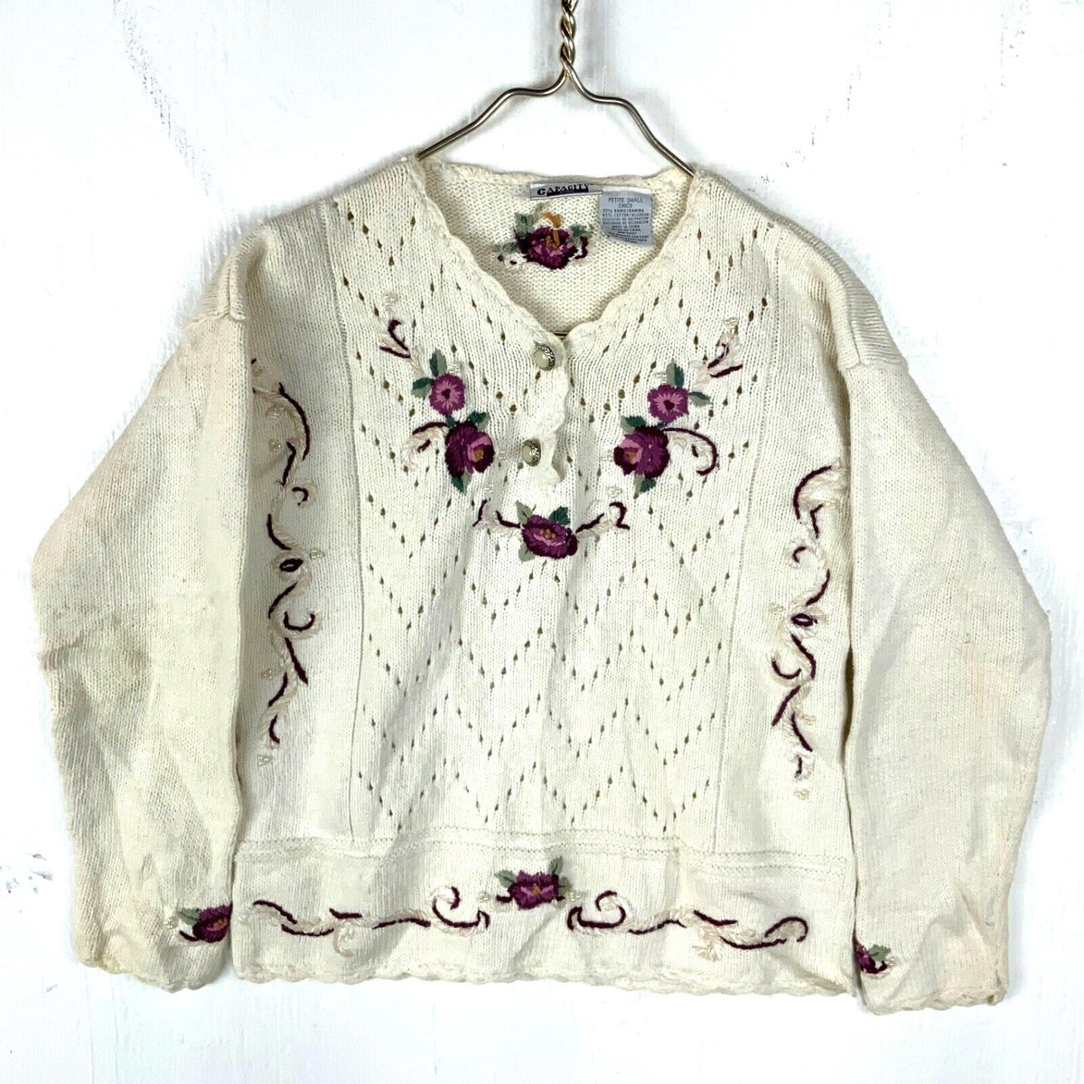 Vintage Grandma Knit Sweater Women39s Small White Henley Floral Beaded Cardigan Graphic Tee – Soft Feel · Must-Have Style