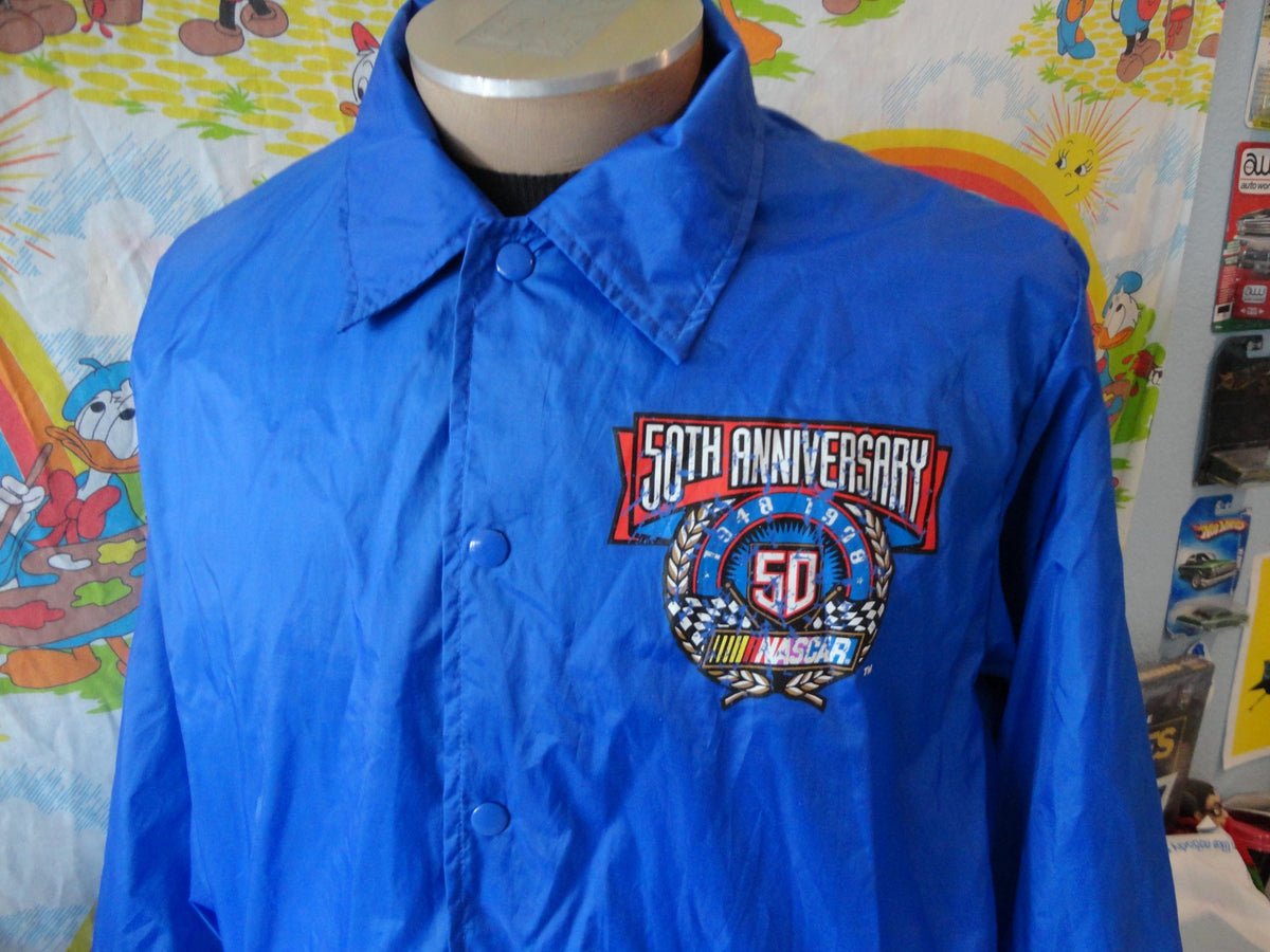 NASCAR 50th Anniversary Vintage 1998 Mens Blue Button Up Nylon Windbreaker Racing Jacket XL Graphic Tee – Easygoing Wear · Perfect For Daily Wear