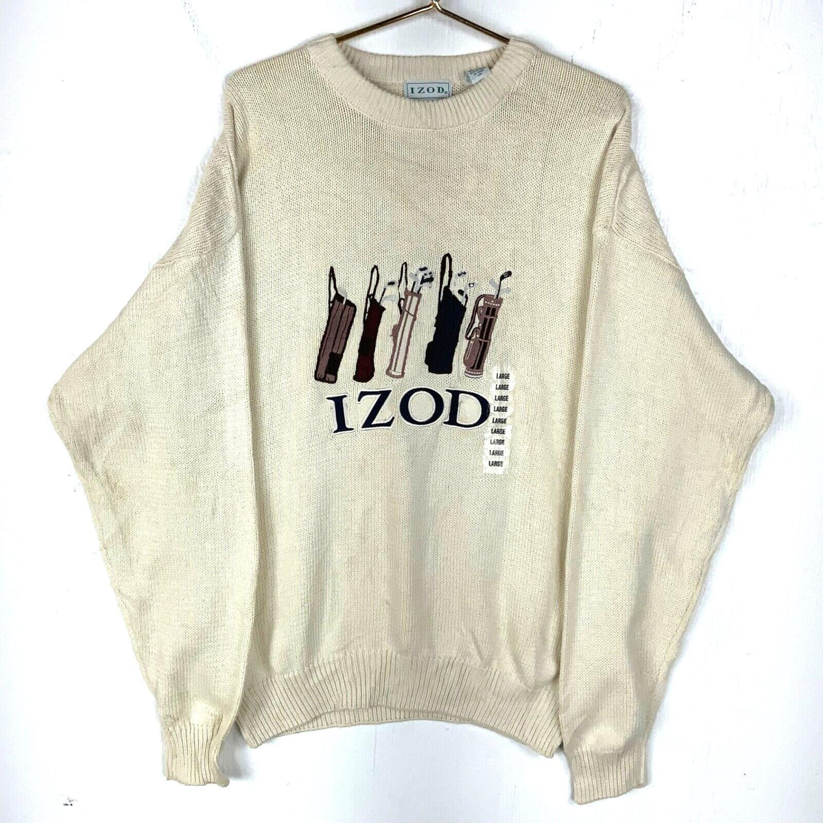 Vintage Izod Knit Sweater Size Large Beige Golf Bags New 90s Tote Bag – Aesthetic Look · Must-Have Style
