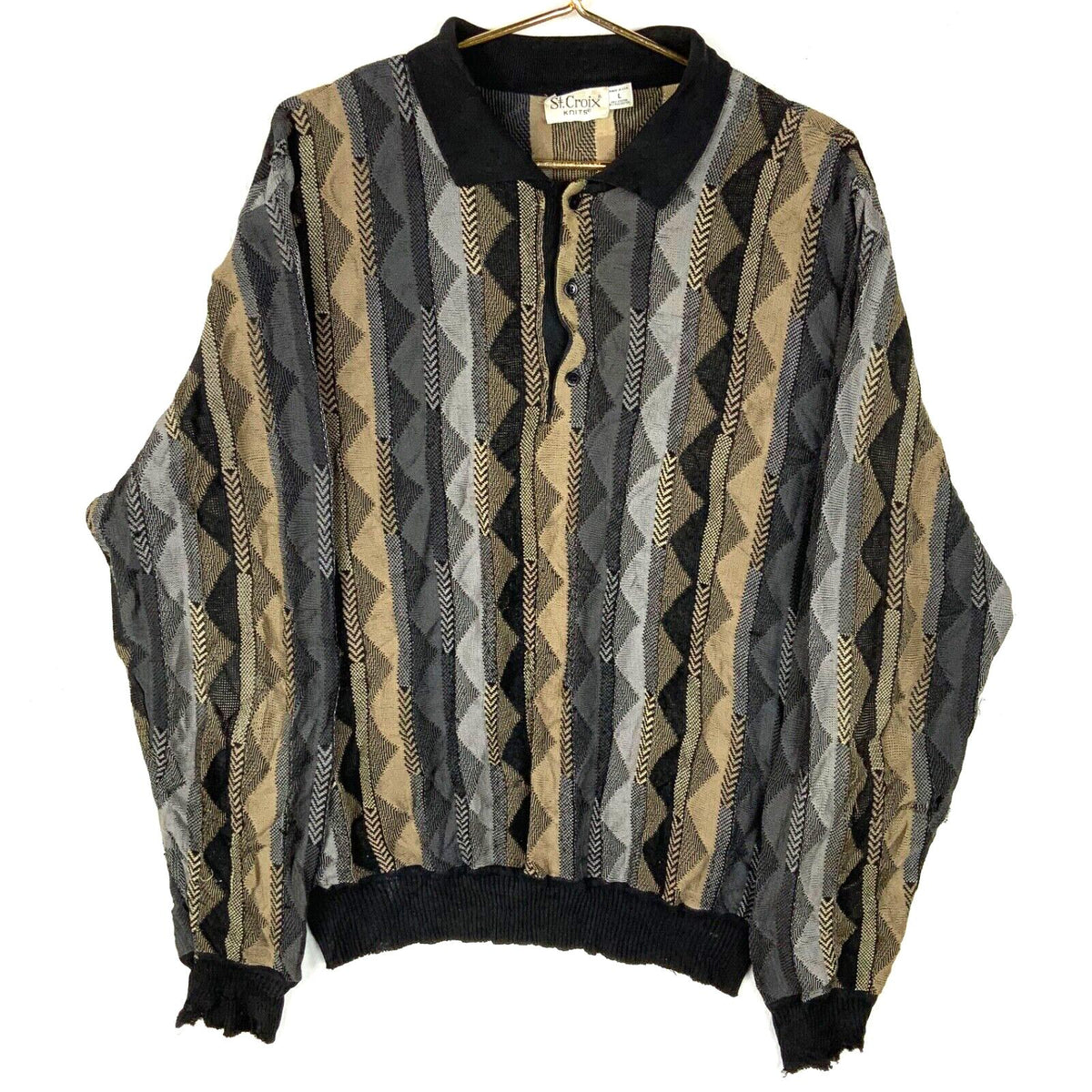 Vintage Grandpa Knit Sweater Large Black Collared Henley Made In Usa Striped 90s Graphic Tee – Cozy Vibes · High-Quality Print