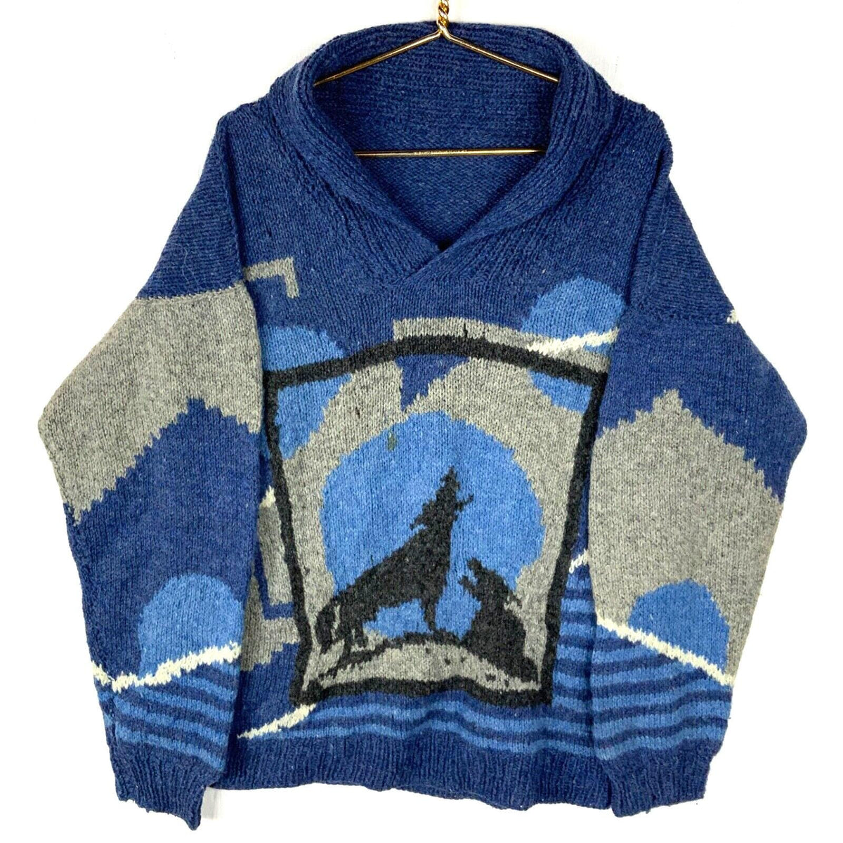 Vintage Grandpa Knit Wool Sweater Size Medium Blue Shawl Collar Wolves Cardigan Graphic Tee – Cozy Vibes · Must-Have Style
