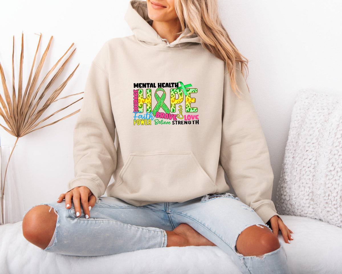 Mental Health Themed Hoodie for Women Hope Courage Strength Faith Brave Cure Love Believe Inspirational Apparel Hoodie – Bold Style · High-Quality Print