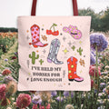 Funny Saying Western Tote Bag Cute Groovy Cacti and Stars Colorful Tote with Cowgirl Boots Rodeo Country Boho Pink Cowboy Hat Tote Bag Tote Bag – Feel-Good Design · Great Gift For Fans