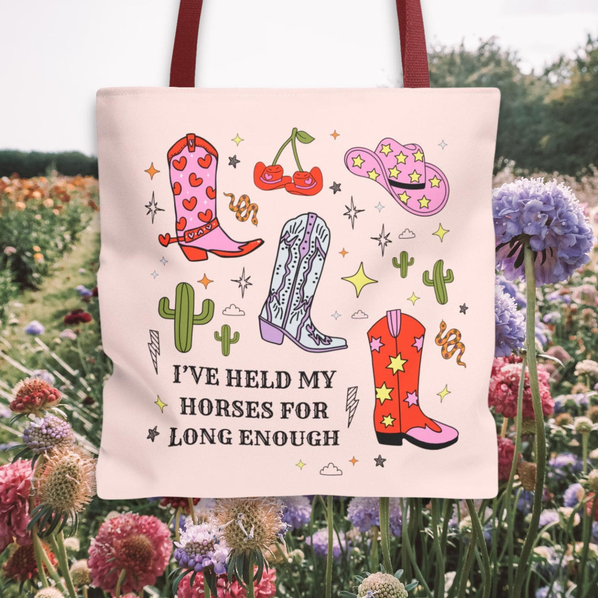 Funny Saying Western Tote Bag Cute Groovy Cacti and Stars Colorful Tote with Cowgirl Boots Rodeo Country Boho Pink Cowboy Hat Tote Bag Tote Bag – Feel-Good Design · Great Gift For Fans