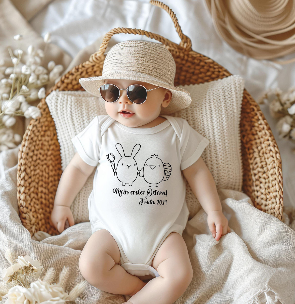 Osterfreude beginnt mit 39Mein erstes Ostern39Personalisierter BabybodyBaby Strampler mit NameBaby OsterngeschenkBaby Ostern Outfit Graphic Tee – Soft Feel · Perfect For Daily Wear