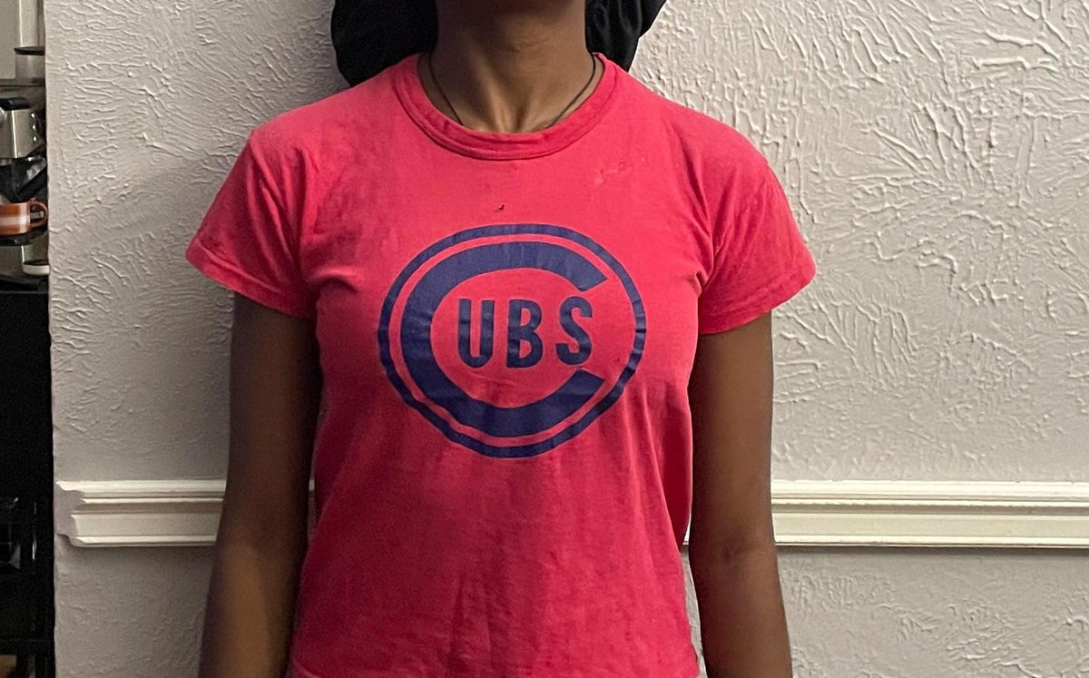 Vintage 70s Chicago Cubs Red T Shirt modeled size S Graphic Tee – Soft Feel · Must-Have Style