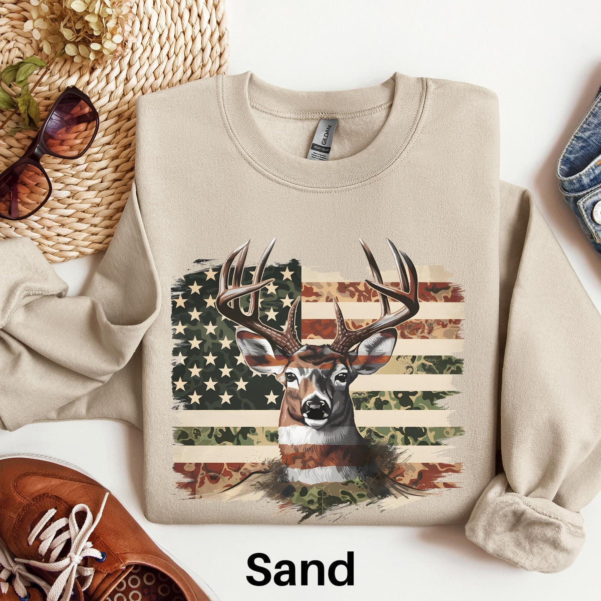 Camo American Deer Sweatshirt Retro Deer Wilderness Scene Shirt Whitetail Deer Hunting Shirt Patriotic Camouflage Deer Hunter Nature Gift Sweatshirt – Cozy Vibes · High-Quality Print