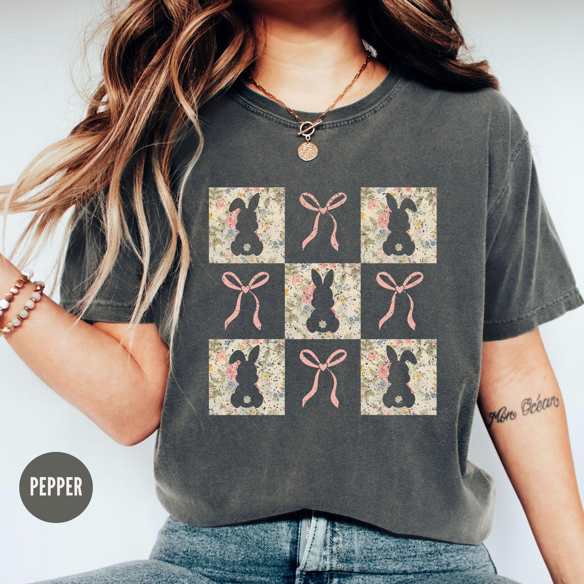 Coquette Bow Bunny Easter TShirt Cute Floral Bunny Gift Toile Happy Easter TShirt Lace Rabbit Lover Tee Graphic Tee – Aesthetic Look · Perfect For Daily Wear