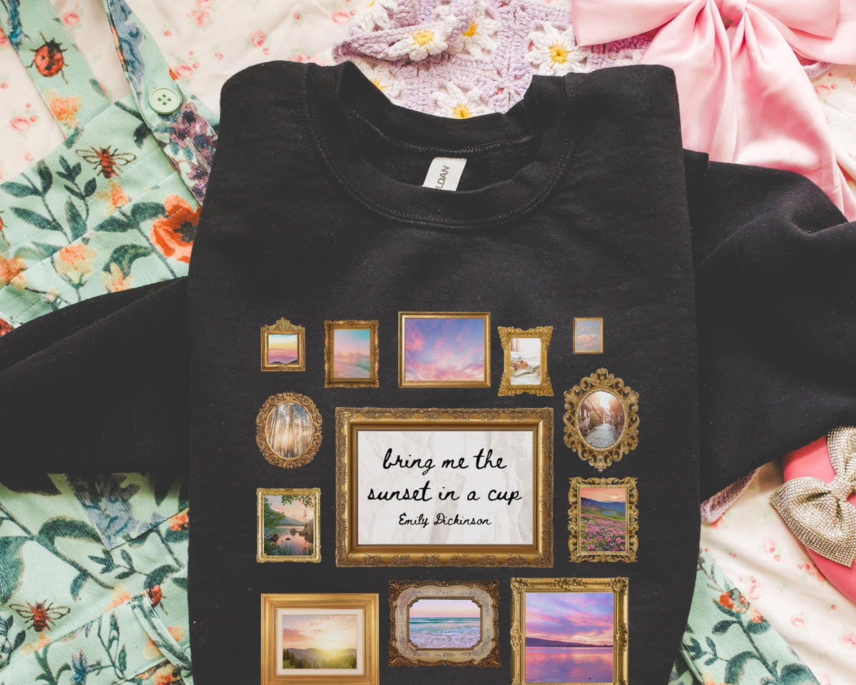 Emily Dickinson Poetry Sweatshirt Bookworm Who Loves 19th Century Writers Sunset in a Cup Famous Poets in the US Colorful Maximalist Gift Sweatshirt – Fan Favorite · Perfect For Daily Wear