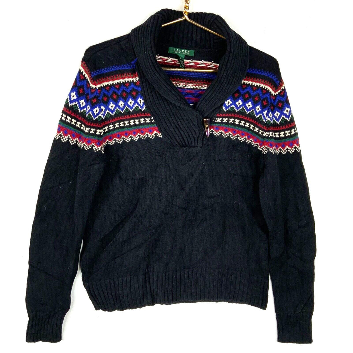 Lauren Ralph Lauren Knit Sweater Womens Size Large Black Shawl Henley Fair Isle Graphic Tee – Everyday Comfort · Great Gift For Fans