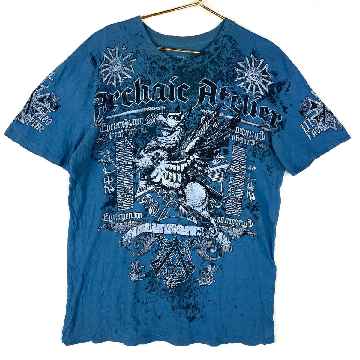 Y2K Archaic By Affliction TShirt Size XL Blue All Over Print Street Wear Graphic Tee – Feel-Good Design · Perfect For Daily Wear