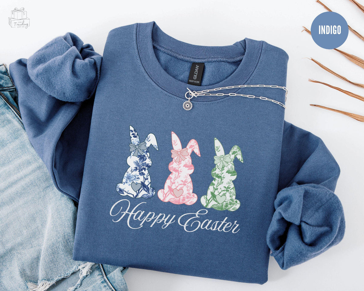 Happy Easter Bunny Sweatshirt Toile Easter Shirt Coquette Bow Easter Sweater Lace Bunny Crewneck Chinoiserie Rabbit Lover Gift Sweatshirt – Fan Favorite · Must-Have Style