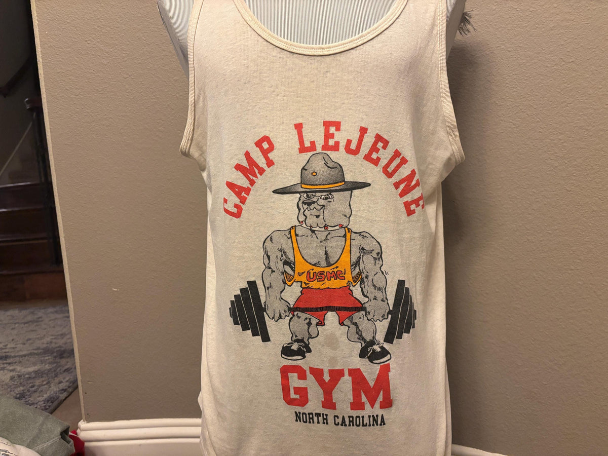 Vintage 90s Camp Lejeune Gym North Carolina Weightlifting Bulldog Bodybuilder t shirt Tank Top XL Tank Top – Aesthetic Look · High-Quality Print