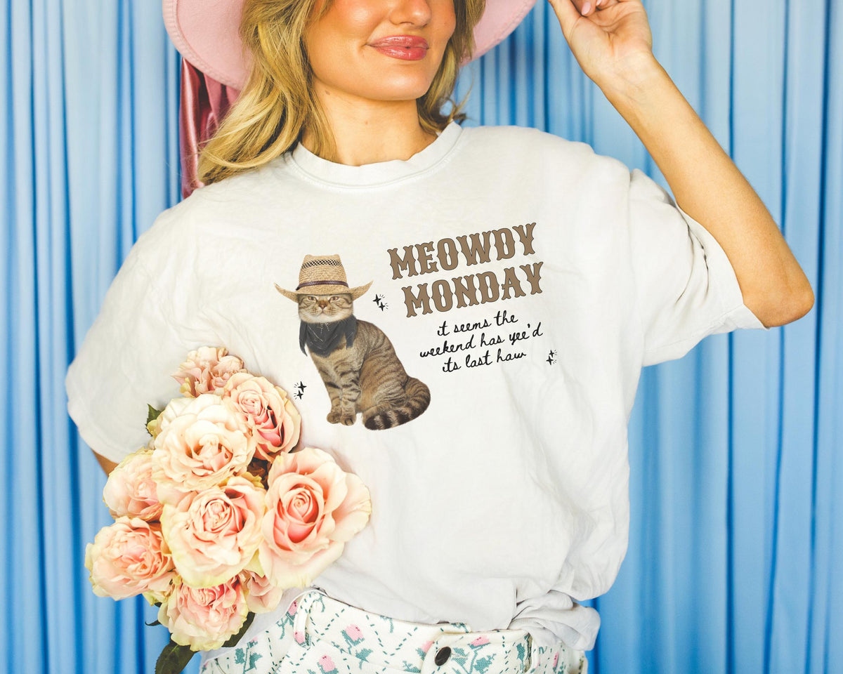 Cat Lover Tee Shirt with Groovy Western Vibes Meowdy Monday Silly Country Rodeo Cat Mom or Cat Dad TShirt with Stars Gift for Daughter Graphic Tee – Fan Favorite · Great Gift For Fans