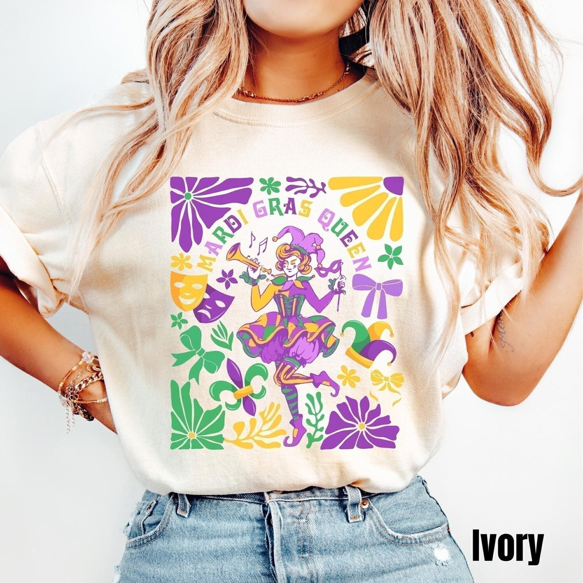 Boho Mardi Gras Queen Shirt Coquette New Orleans Shirt Carnival Party Tee Women Nola Outfit Girly Fleur De Lis Bow Shirt Graphic Tee – Bold Style · Perfect For Daily Wear