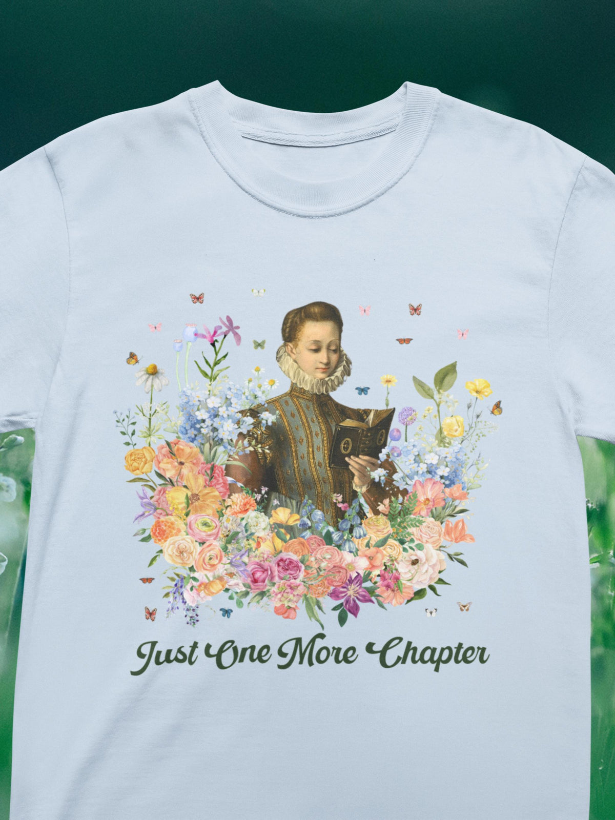 Just One More Chapter Medieval Book Lover Tee Shirt with Butterflies Floral Goblincore Reading TShirt for Librarian Romance Reader Gift Graphic Tee – Easygoing Wear · High-Quality Print