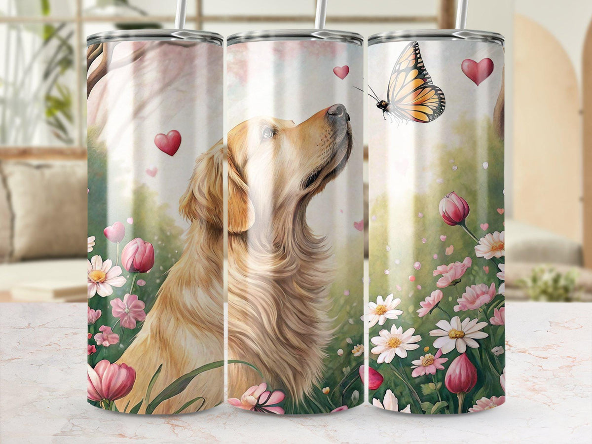 Digital 20 oz tumbler wrap dog in fields of flowers and butterfly cute dog design floral tumbler wrap instant download PNG Graphic Tee – Bold Style · High-Quality Print