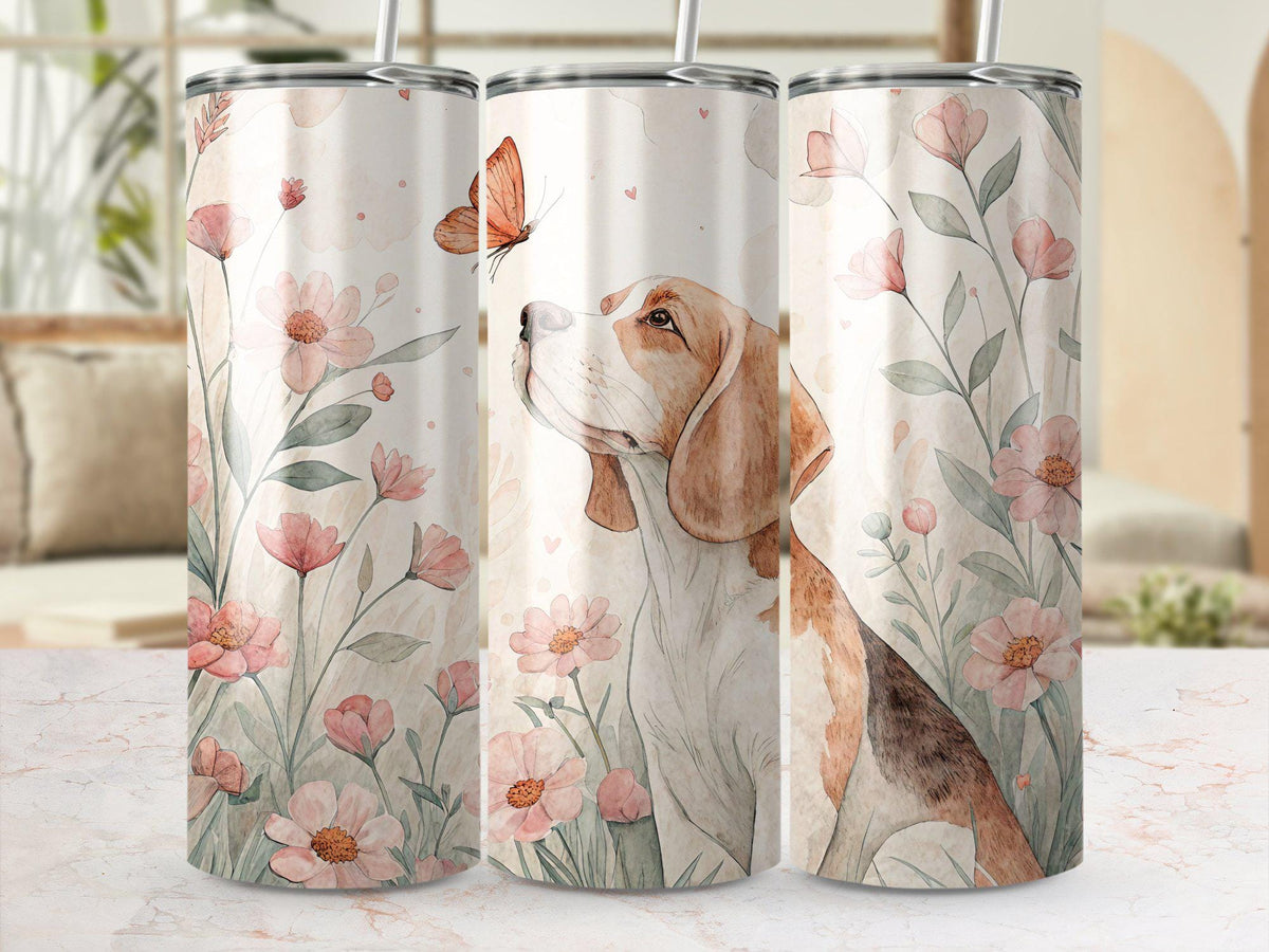 Beagle Dog 20 oz Tumbler Wrap PNG Floral Field Butterfly Digital Design Beagle in Flower Meadow Wrap Sublimation Graphics Graphic Tee – Cozy Vibes · High-Quality Print