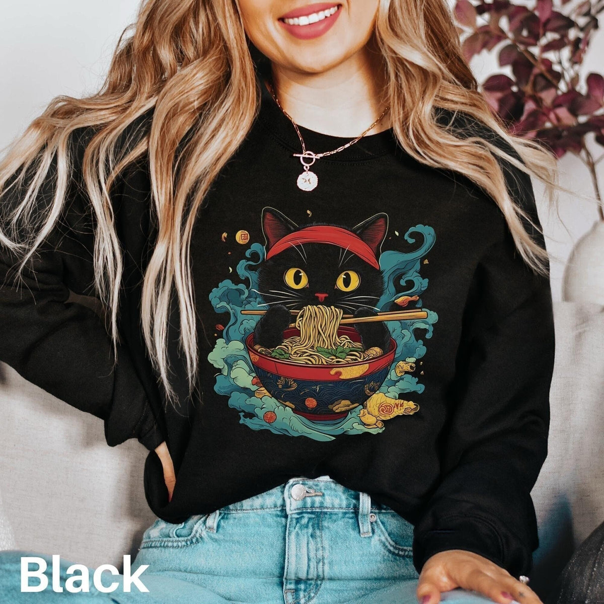 Noodle Cat Sweatshirt Funny Ramen Sweater Cat Lover Gift Ramen Lover Gift Japanese Sweatshirt Black Cat Sweater Japan Foodie Cat Mom Sweatshirt – Warm & Stylish · Must-Have Style