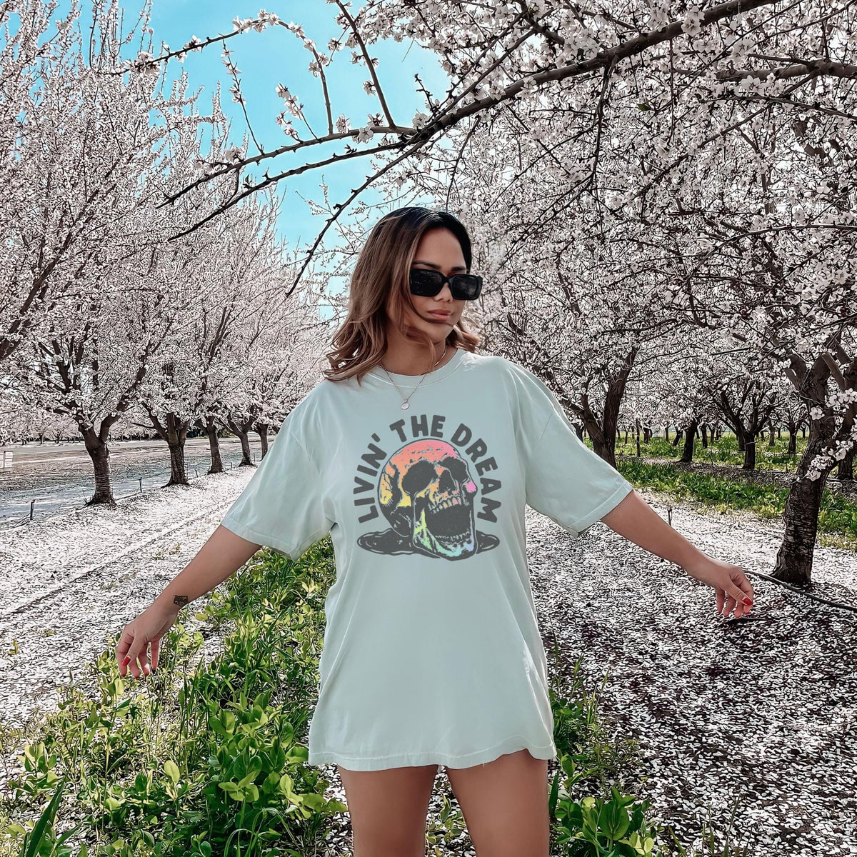 Livin the Dream Skull Shirt Boho Hippie Aesthetic Shirt Retro Grunge Graphic Tee Shirt Band Tee Retro Graphic Tee – Everyday Comfort · Great Gift For Fans