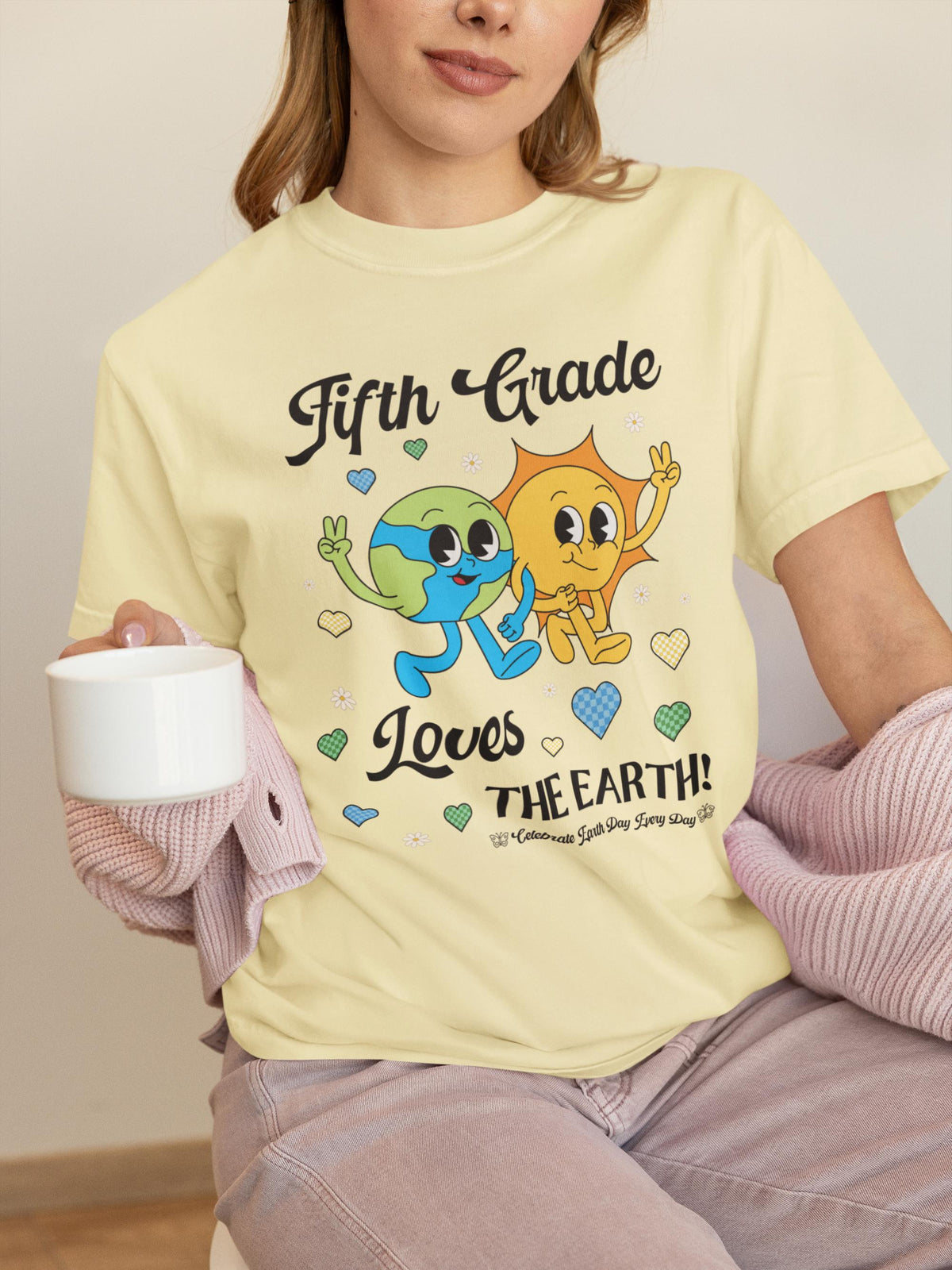 Fifth Grade Teacher or Crew Earth Day Tee Shirt Fifth Grade Loves the Earth Retro Groovy Save the Earth Environmental Climate Change Graphic Tee – Fan Favorite · High-Quality Print